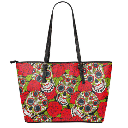 Rose Floral Sugar Skull Pattern Print Leather Tote Bag