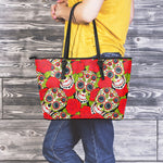 Rose Floral Sugar Skull Pattern Print Leather Tote Bag