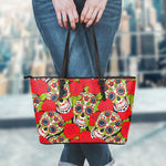 Rose Floral Sugar Skull Pattern Print Leather Tote Bag
