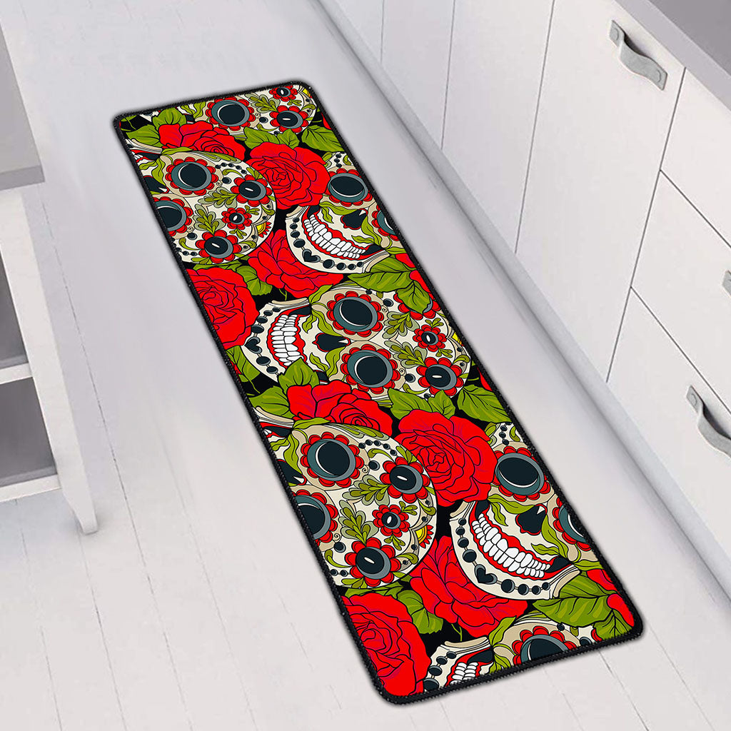 Rose Floral Sugar Skull Pattern Print Long Kitchen Mat