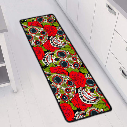 Rose Floral Sugar Skull Pattern Print Long Kitchen Mat