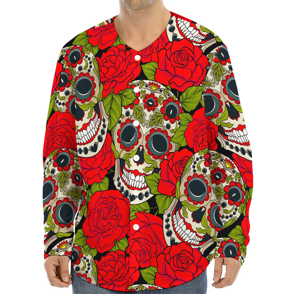 Rose Floral Sugar Skull Pattern Print Long Sleeve Baseball Jersey