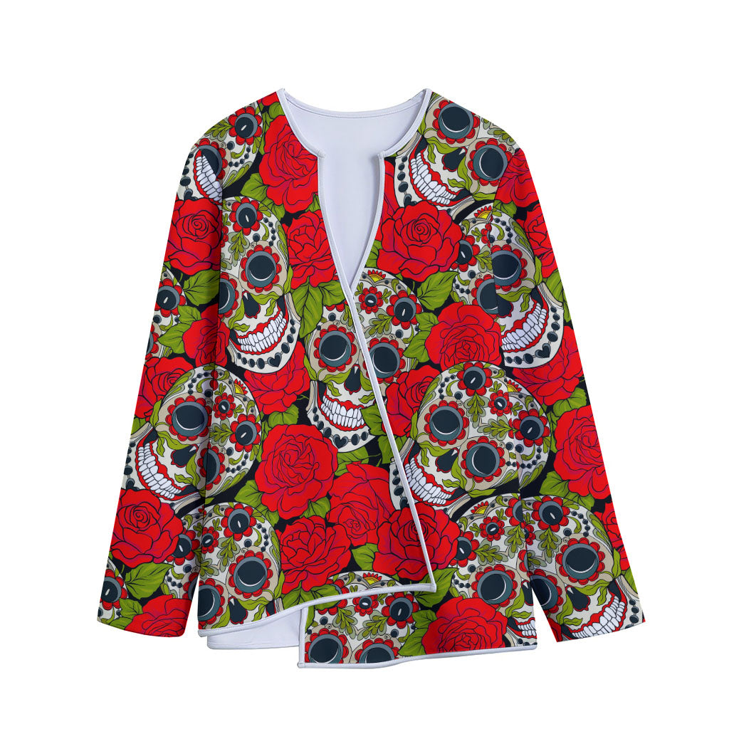 Rose Floral Sugar Skull Pattern Print Long Sleeve Short Coat