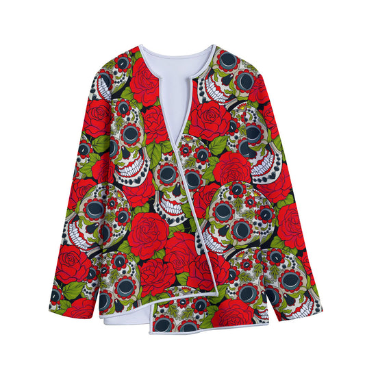 Rose Floral Sugar Skull Pattern Print Long Sleeve Short Coat