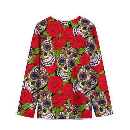 Rose Floral Sugar Skull Pattern Print Long Sleeve Short Coat
