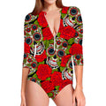 Rose Floral Sugar Skull Pattern Print Long Sleeve Swimsuit