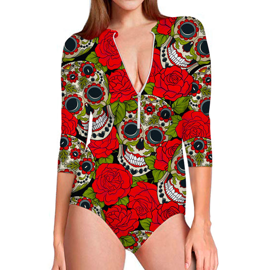 Rose Floral Sugar Skull Pattern Print Long Sleeve Swimsuit