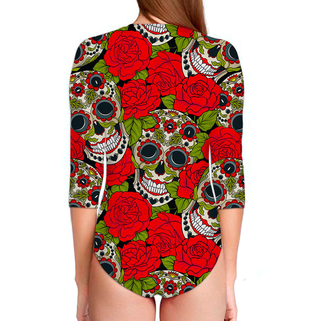 Rose Floral Sugar Skull Pattern Print Long Sleeve Swimsuit