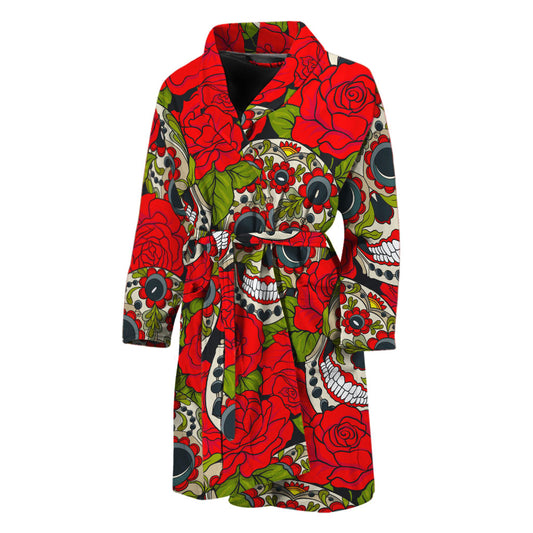 Rose Floral Sugar Skull Pattern Print Men's Bathrobe