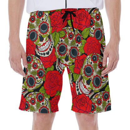 Rose Floral Sugar Skull Pattern Print Men's Beach Shorts