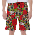 Rose Floral Sugar Skull Pattern Print Men's Beach Shorts