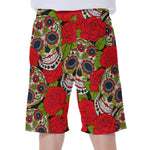 Rose Floral Sugar Skull Pattern Print Men's Beach Shorts