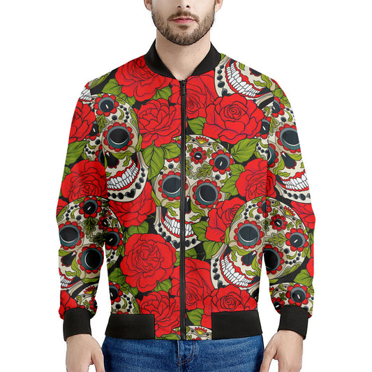 Rose Floral Sugar Skull Pattern Print Men's Bomber Jacket