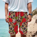 Rose Floral Sugar Skull Pattern Print Men's Cargo Shorts