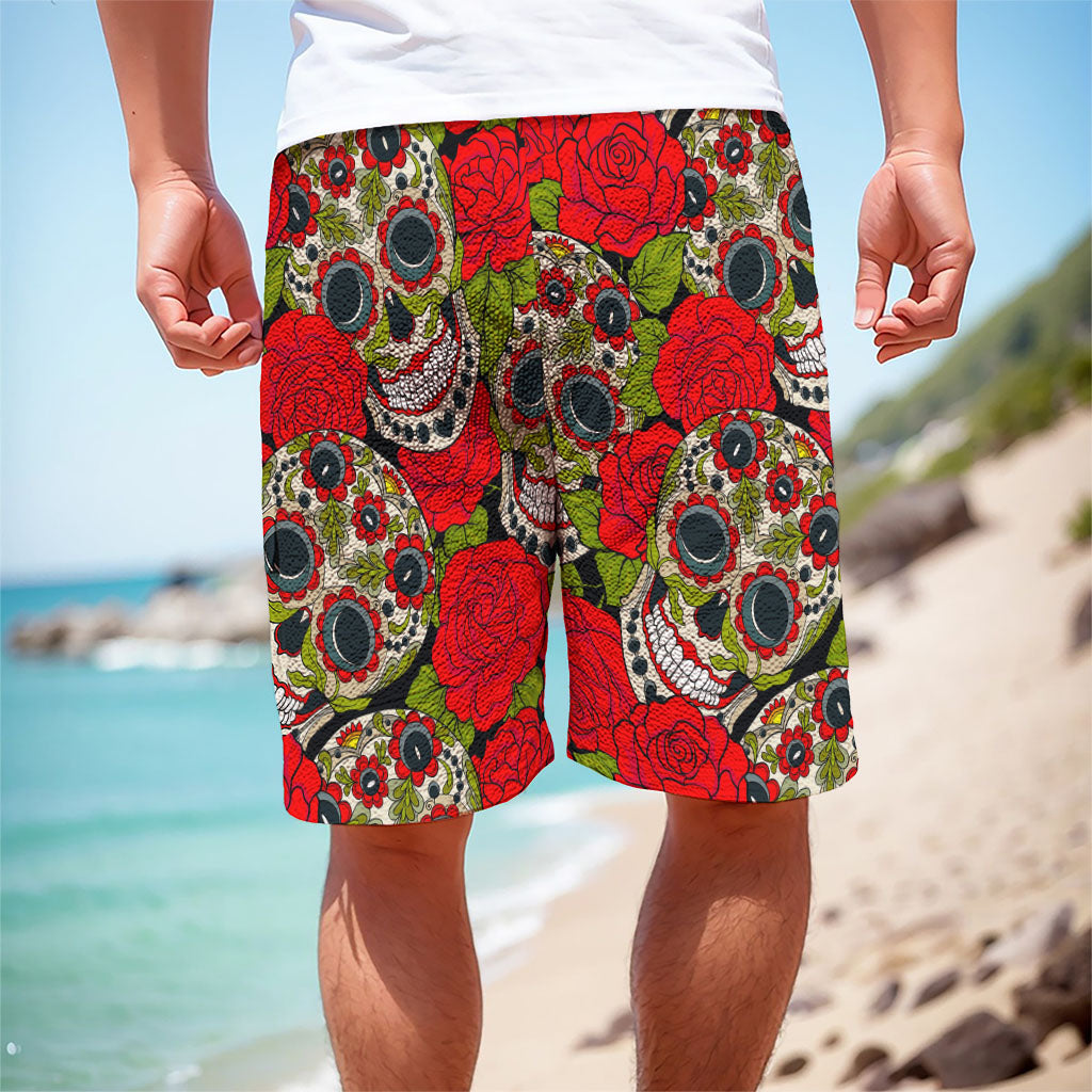 Rose Floral Sugar Skull Pattern Print Men's Cargo Shorts