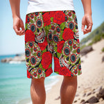 Rose Floral Sugar Skull Pattern Print Men's Cargo Shorts