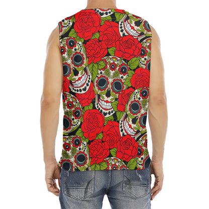 Rose Floral Sugar Skull Pattern Print Men's Fitness Tank Top
