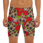Rose Floral Sugar Skull Pattern Print Men's Long Boxer Briefs