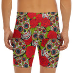 Rose Floral Sugar Skull Pattern Print Men's Long Boxer Briefs