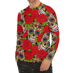 Rose Floral Sugar Skull Pattern Print Men's Long Sleeve Rash Guard