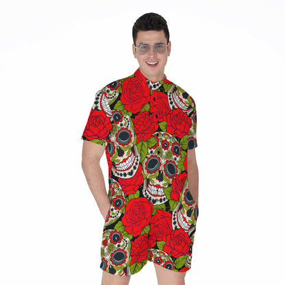 Rose Floral Sugar Skull Pattern Print Men's Rompers