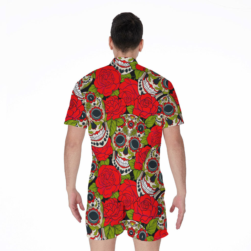Rose Floral Sugar Skull Pattern Print Men's Rompers