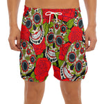 Rose Floral Sugar Skull Pattern Print Men's Split Running Shorts