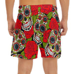 Rose Floral Sugar Skull Pattern Print Men's Split Running Shorts