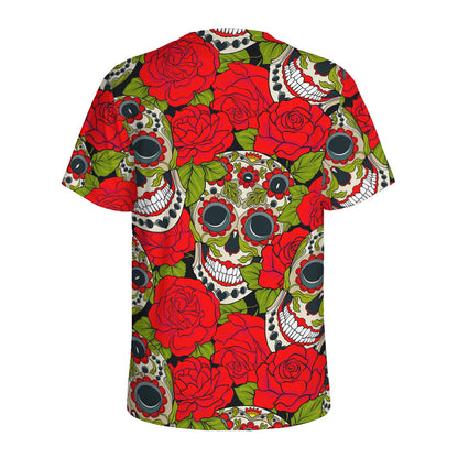 Rose Floral Sugar Skull Pattern Print Men's Sports T-Shirt
