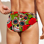 Rose Floral Sugar Skull Pattern Print Men's Swim Briefs