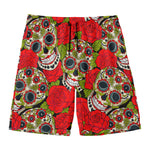 Rose Floral Sugar Skull Pattern Print Men's Swim Trunks