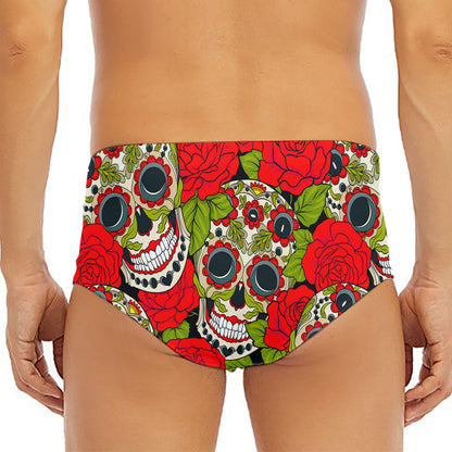 Rose Floral Sugar Skull Pattern Print Men's Triangle Swim Briefs