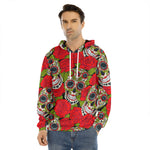 Rose Floral Sugar Skull Pattern Print Men's Velvet Pullover Hoodie