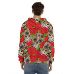 Rose Floral Sugar Skull Pattern Print Men's Velvet Pullover Hoodie