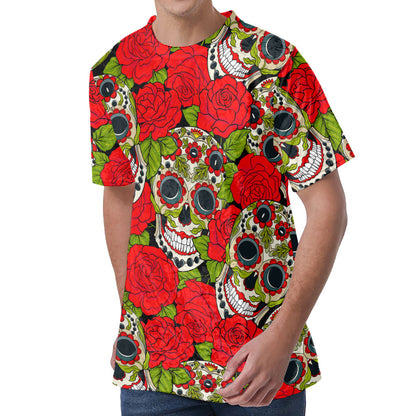 Rose Floral Sugar Skull Pattern Print Men's Velvet T-Shirt