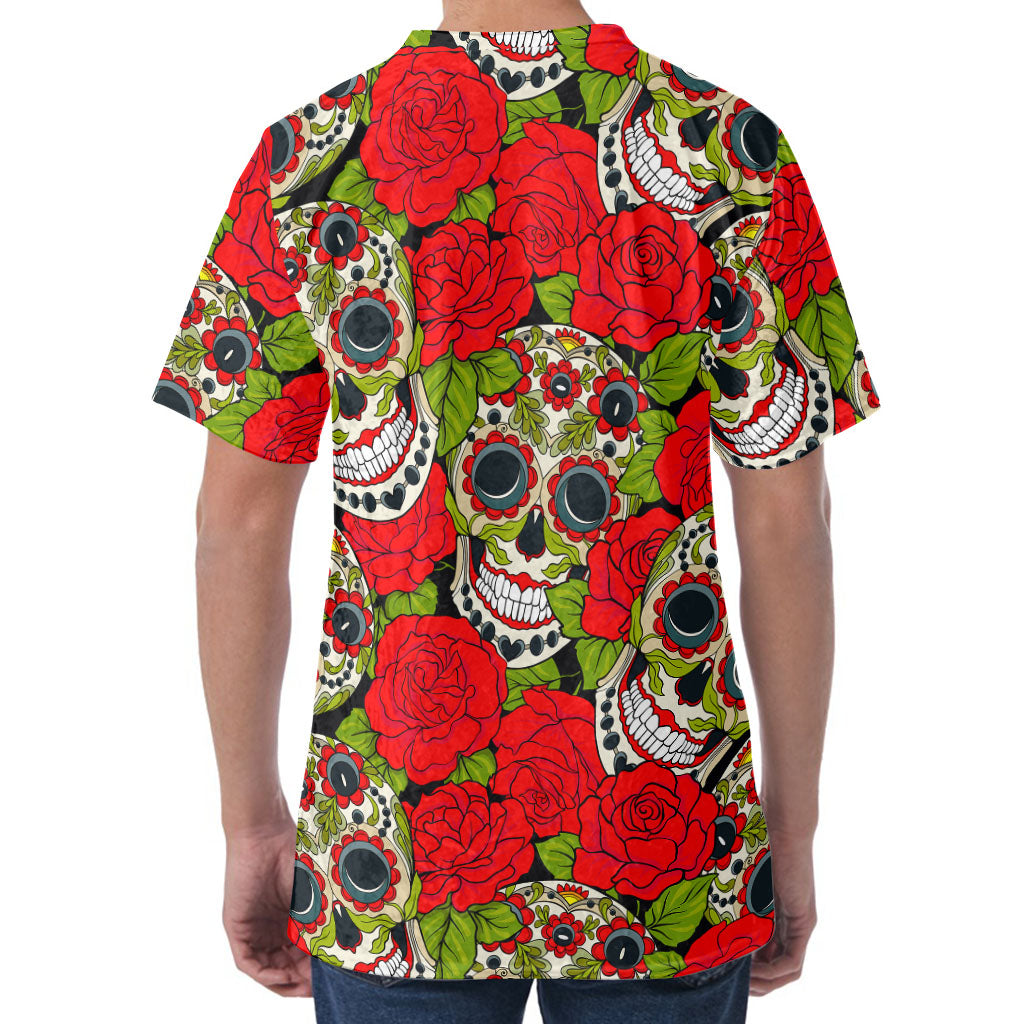 Rose Floral Sugar Skull Pattern Print Men's Velvet T-Shirt