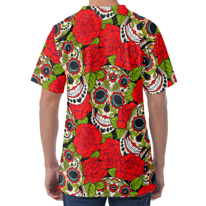 Rose Floral Sugar Skull Pattern Print Men's Velvet T-Shirt
