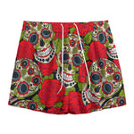Rose Floral Sugar Skull Pattern Print Mesh Shorts