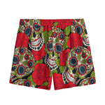 Rose Floral Sugar Skull Pattern Print Mesh Shorts