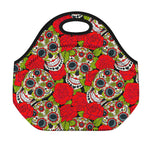Rose Floral Sugar Skull Pattern Print Neoprene Lunch Bag
