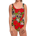 Rose Floral Sugar Skull Pattern Print One Piece Swimsuit