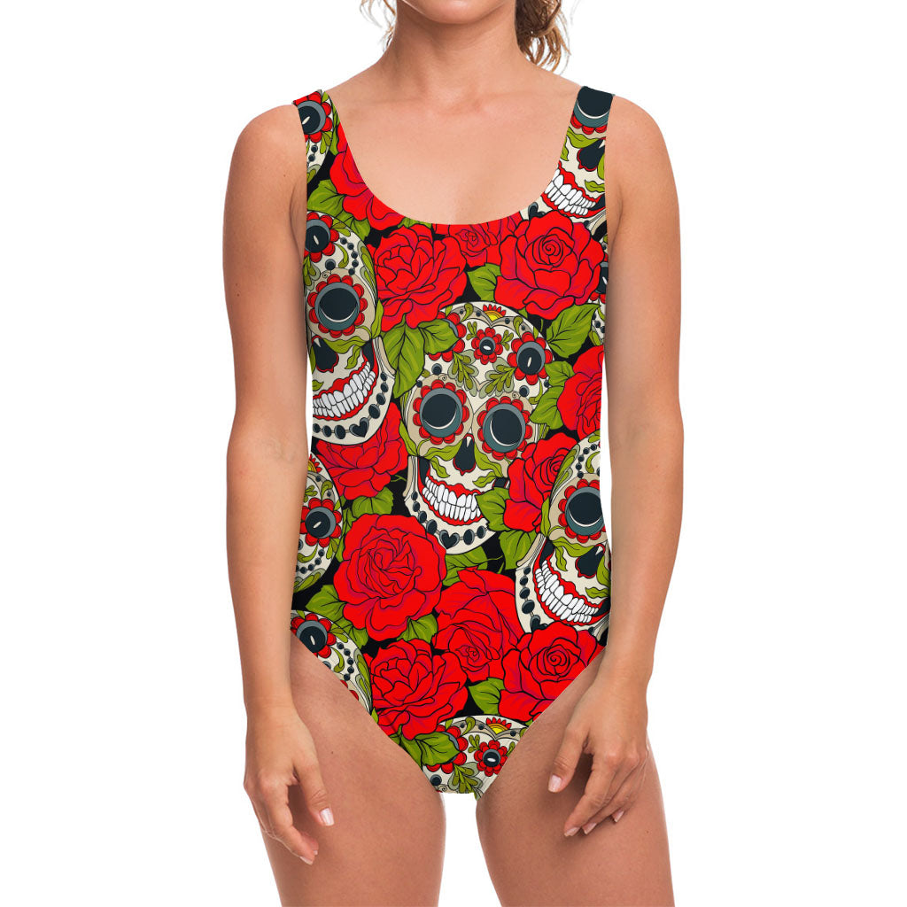 Rose Floral Sugar Skull Pattern Print One Piece Swimsuit