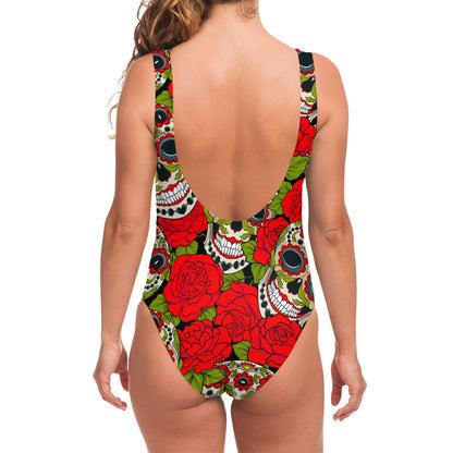 Rose Floral Sugar Skull Pattern Print One Piece Swimsuit