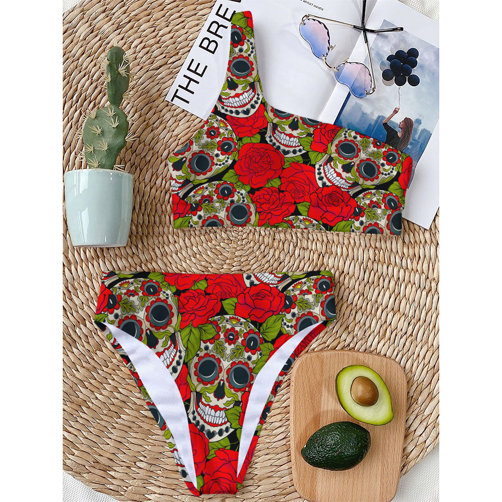 Rose Floral Sugar Skull Pattern Print One Shoulder Bikini Top