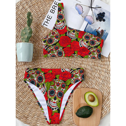 Rose Floral Sugar Skull Pattern Print One Shoulder Bikini Top