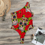 Rose Floral Sugar Skull Pattern Print One Shoulder Bodysuit