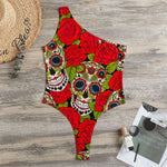 Rose Floral Sugar Skull Pattern Print One Shoulder Bodysuit