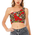 Rose Floral Sugar Skull Pattern Print One Shoulder Crop Top