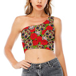 Rose Floral Sugar Skull Pattern Print One Shoulder Crop Top