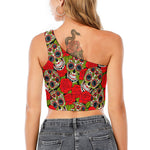 Rose Floral Sugar Skull Pattern Print One Shoulder Crop Top